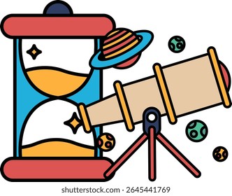 A clock with a telescope on top of it. The clock is yellow and red. The telescope is on a tripod. There are many small balls scattered around the scene