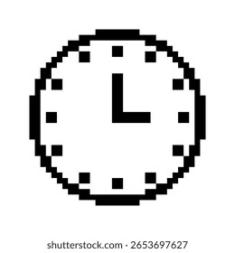 Clock templates in pixel art style. Black timepiece silhouette. Time, deadline, labels. Isolated on white background.