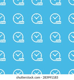 Clock with text 24h, repeated in straight lines on blue background