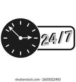 Clock and text. Twenty four seven service. Time management concept. Black vector illustration.