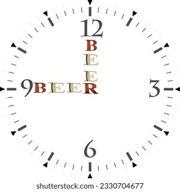  un reloj que tiene palabras a su alrededor para deletrear la palabra cerveza