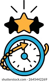 Um relógio com três estrelas e uma seta para a direita. O relógio está definido para a hora das 10:00