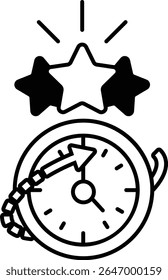 Um relógio com três estrelas e uma seta para a direita. O relógio está definido para a hora das 10:00