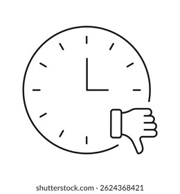 Clock With Thumbs Down Line Icon. Time Management Disapproval And Negative Feedback Outline Symbol. Scheduling Issues And Unfavorable Timing. Editable Stroke. Isolated Vector Illustration.