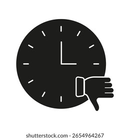 Clock With Thumbs Down Solid Icon. Time Management, Disapproval, And Negative Feedback Silhouette Symbol. Scheduling Issues And Unfavorable Timing. Isolated Vector Illustration.