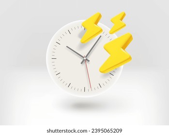 Clock with thunderbolts. 3d vector illustration