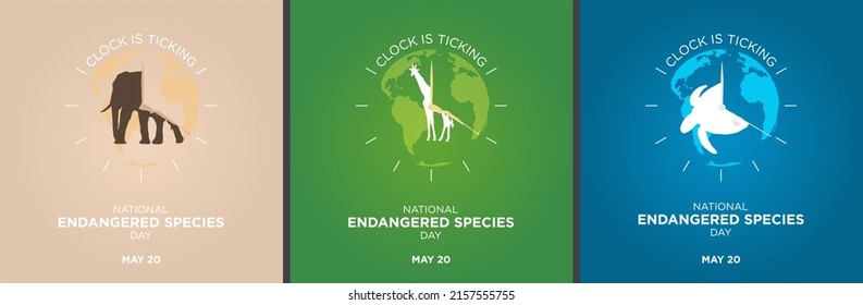 Die Uhr tickt. Nationalfeiertag der gefährdeten Arten, Silhouette der Giraffe, Schildkröte, Elefant. Minimalistisch. Gradient. Sensibilisierung für illegale Jagd, Tötung und Missbrauch von Tieren. Vektorgrafik. Set. 20. Mai.