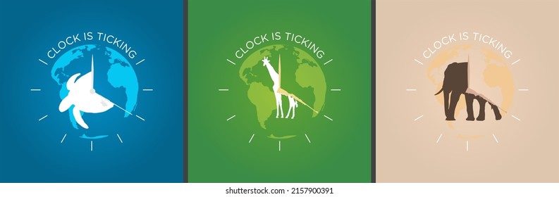 Clock is ticking concept. National Endangered Species Day, World Animal Day. Silhouette of giraffe, turtle, elephant. Awareness for illegal hunting, killing, and animal abuse. Vector Illustration. Set