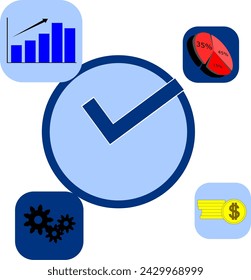 Eine Uhr mit tickförmigen Händen, umgeben von Diagramm, Taschenrechner und Zahnradsymbole