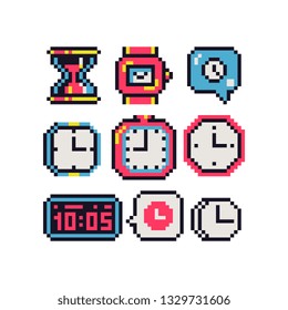 Clock and time 8-bit pixel art icons set, sticker design pack. Hourglass, alarm clock, stopwatch, wrist watch. Design for logo, web, app, badges and patches. Isolated vector illustration.