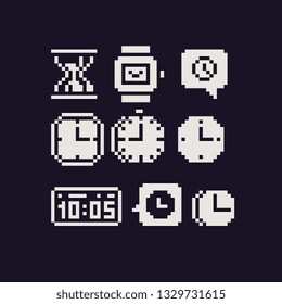 Clock and time abstract 1-bit pixel art icons set, sticker design pack. Hourglass, alarm clock, stopwatch, wrist watch. Design for logo, stamp, web, app, badges and patches. Isolated vector.