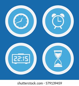 Clock Time Alarm Icons In Blue Circles. Simple Vector Symbols