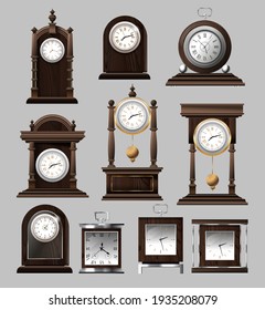 Clock time antique vintage ancient classic old traditional retro. Set of antique old realistic clocks design in detail. Premium Vector