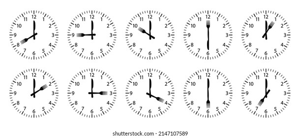 Uhren Sie mit dem Frühstück. Uhren mit Gabel und Messer. Essenszeitsymbole einzeln auf weißem Hintergrund. Frühstück, Mittag- und Abendessen auf Uhren. Logo für Restaurant, Küche und Büro. Vektorgrafik.