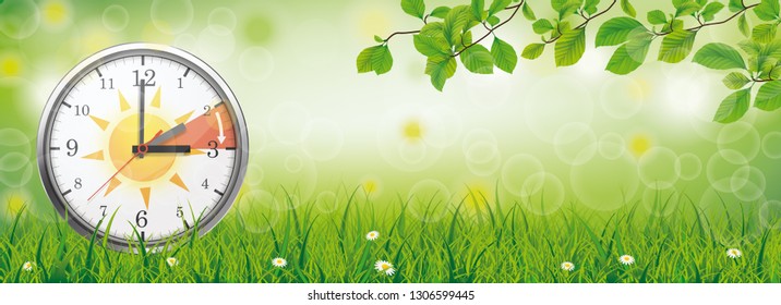 A clock for a time change to a standard time hanging in the green nature. Eps 10 vector file.