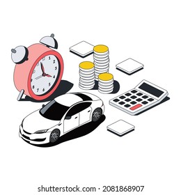 Clock time, coins money, car rental calculator. Vector 3d sketch line isometric style, color icon illustration. Creative design idea and infographics elements.