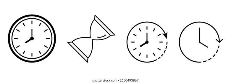 Clock time countdown and hourglass timer icons in minimalist stroke style with rotation loop concept vector illustration set.