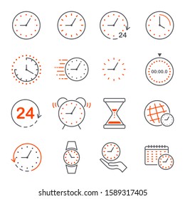 Clock and time counting line icons. 24 hour clock, time management with deadline alarm signs. Timer, Alam, Sand hourglass, calendar, and digital smartwatch, timer stopwatch. Thin line illustrations.