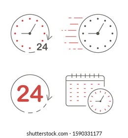 Clock and time counting line icons. 24 hour clock, time management with deadline signs. Timer, month calendar with clock, estimation and 24 hour pictogram. Thin line illustrations.
