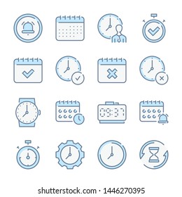 Clock, Time, Date and Calendar related blue line colored icons.