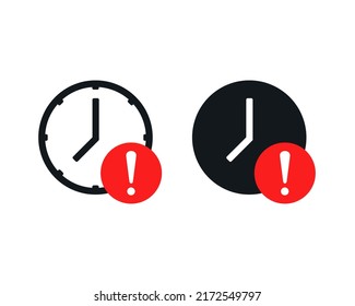 Clock time with exclamation mark. Expire icon. Delay symbol. Vector illustration