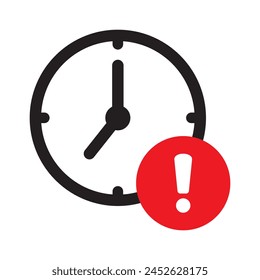 Clock time with exclamation mark. Expire icon. Delay symbol. Deadline icon.