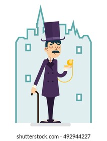 Clock Time Great Britain Victorian Gentleman Businessman Character Flat Vector Illustration