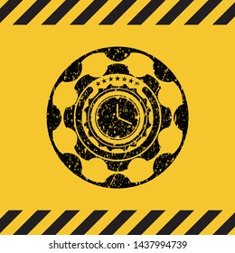 clock, time icon black grunge emblem with yellow background. Vector Illustration. Detailed.