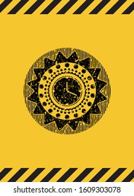 clock, time icon black grunge emblem with yellow background. Vector Illustration. Detailed.
