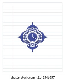 clock, time icon emblem draw with pen effect. Blue ink. Vector Illustration. Detailed. 