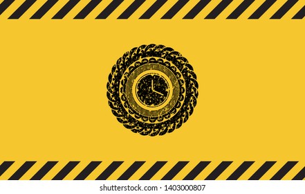 clock, time icon grunge black emblem with yellow background, warning sign. Vector Illustration. Detailed.