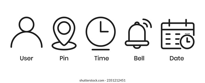 Uhrzeitsymbol, Adressenknopf, Druckpunktstandort, Erinnerungssymbol für die Glockenbenachrichtigung, Datumskalendar-Symbol, Profil, Business Icon Set, Benutzeroberfläche, Dienstzeiten, Entwurfselemente für die Deadline