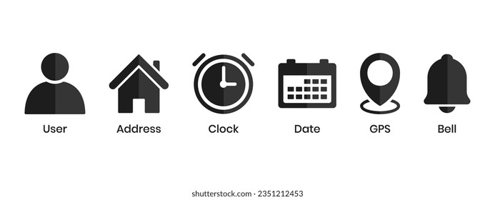 Uhrzeitsymbol, Adressenknopf, Druckpunktstandort, Erinnerungssymbol für die Glockenbenachrichtigung, Datumskalendar-Symbol, Profil, Business Icon Set, Benutzeroberfläche, Dienstzeiten, Entwurfselemente für die Deadline