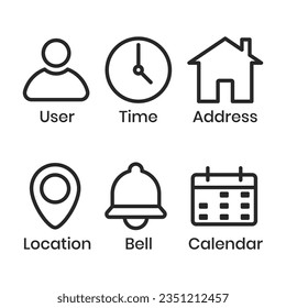 Clock Time Icon, Home Address Button, Pin Location Place, Bell Notification Reminder Icon, Date Calendar Symbol, Profile, Business Icon Set, User Interface, Official Hours, Deadline Design Elements