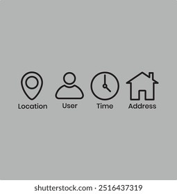 Icono de la hora del reloj, Botón de Dirección en el hogar, lugar de Locación de pin, icono de recordatorio de notificación de campana, calendario de fecha