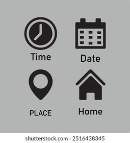 Icono de la hora del reloj, Botón de Dirección en el hogar, lugar de Locación de pin, icono de recordatorio de notificación de campana, calendario de fecha