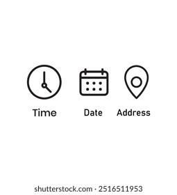 Clock Time Icon, Home Address Button, Pin Location Place, Bell Notification Reminder Icon, Date Calendar