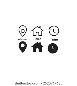 Ícone de Hora do Relógio, Botão Endereço Residencial, Local do Pin, Ícone, Data Conjuntos de ícones do Calendário