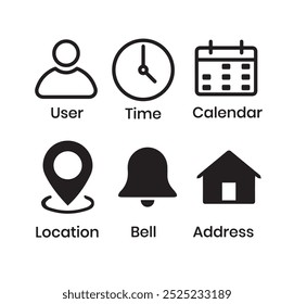 Clock Time Icon, Home Address Button, Pin Location Place, Bell Notification Reminder Icon, Date Calendar