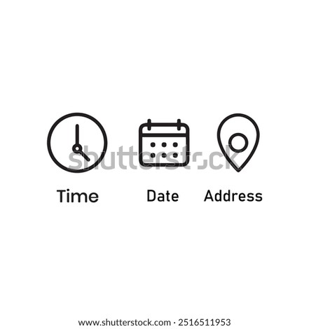 Clock Time Icon, Home Address Button, Pin Location Place, Bell Notification Reminder Icon, Date Calendar