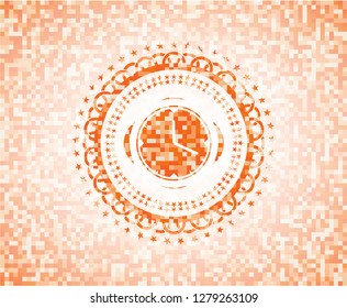 clock, time icon inside abstract emblem, orange mosaic background