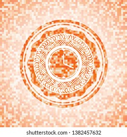 clock, time icon inside abstract emblem, orange mosaic background