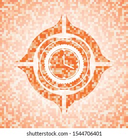 clock, time icon inside abstract emblem, orange mosaic background