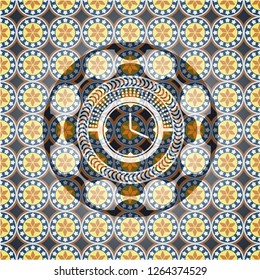 clock, time icon inside arabic style badge. Arabesque decoration.