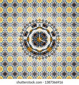 clock, time icon inside arabic style badge. Arabesque decoration.