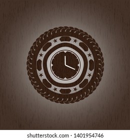 clock, time icon inside badge with wood background