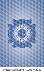 clock, time icon inside blue polygonal emblem.