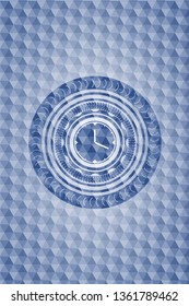 clock, time icon inside blue emblem or badge with abstract geometric pattern background.