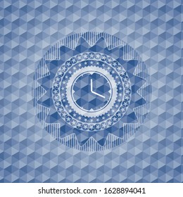 clock, time icon inside blue emblem with geometric pattern.