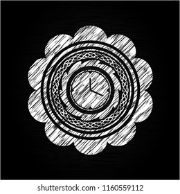 clock, time icon inside chalkboard emblem on black board